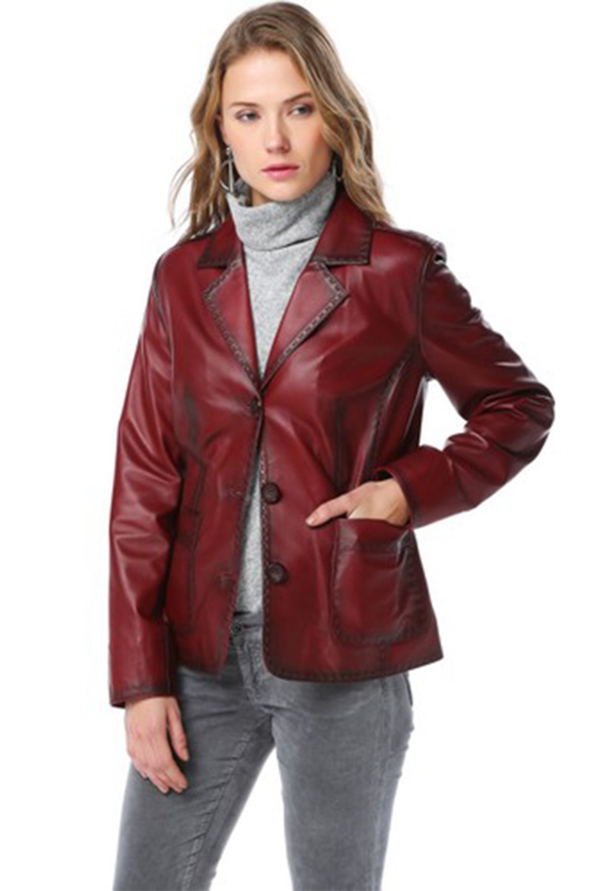 Dericlub-Lyon Women's - Genuine Leather Three-Button Blazer Jacket, Ox. Claret Red 1