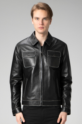 Dericlub Wm218 Gerçek Deri Erkek Mont Siyah/ Beyaz