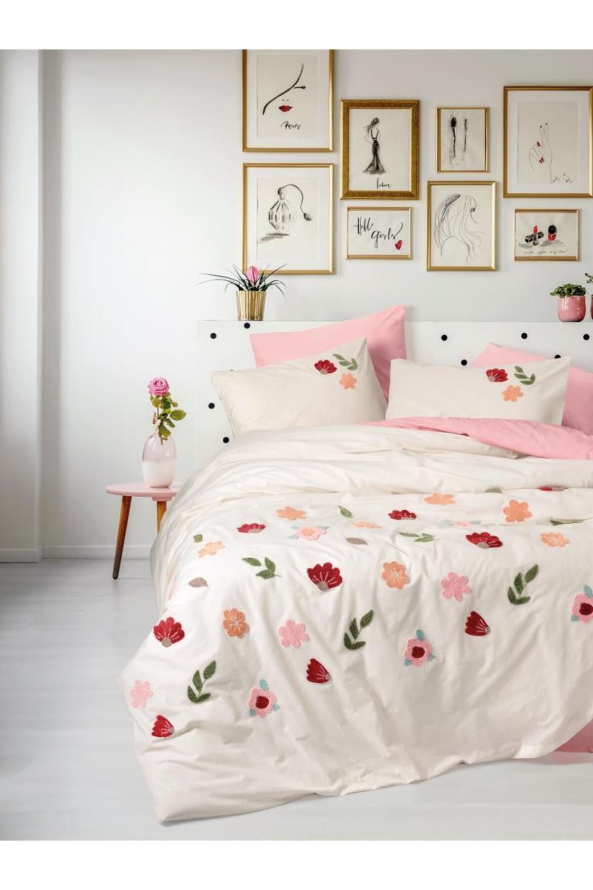 mikudesign Puff Nakışlı Ranforce Çift Kişilik Nevresim Takımı Blossom Somon