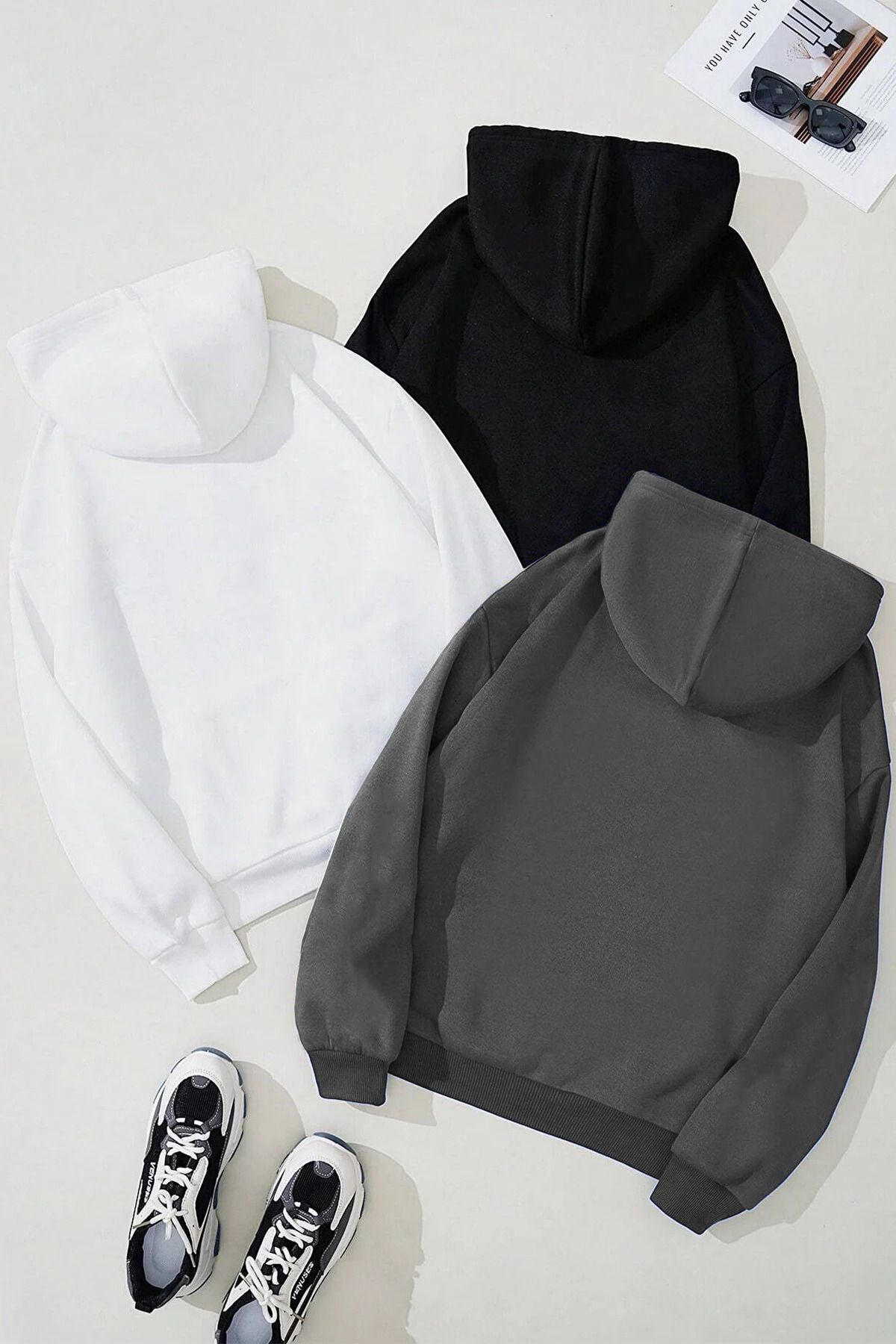 MODARİCH-3-Piece Oversize Hooded Sweatshirt Set - Black and White Smoke 2