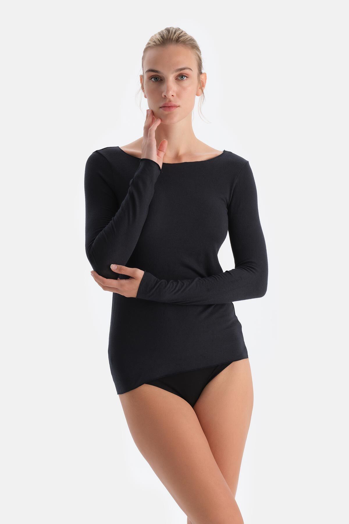 Dagi-Black 5117Kc Modal Cashmere Boat Neck Long Sleeve Top 4