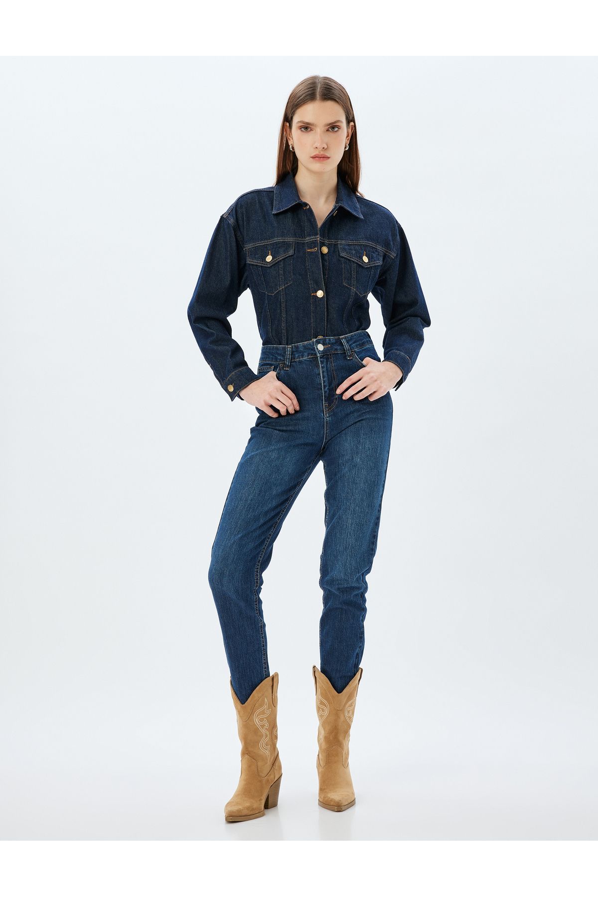 Koton Yeni Sezon Yüksek Bel Kot Pantolon Düz Paça Düğmeli Cepli Pamuklu - Slim Straight Fit Jeans