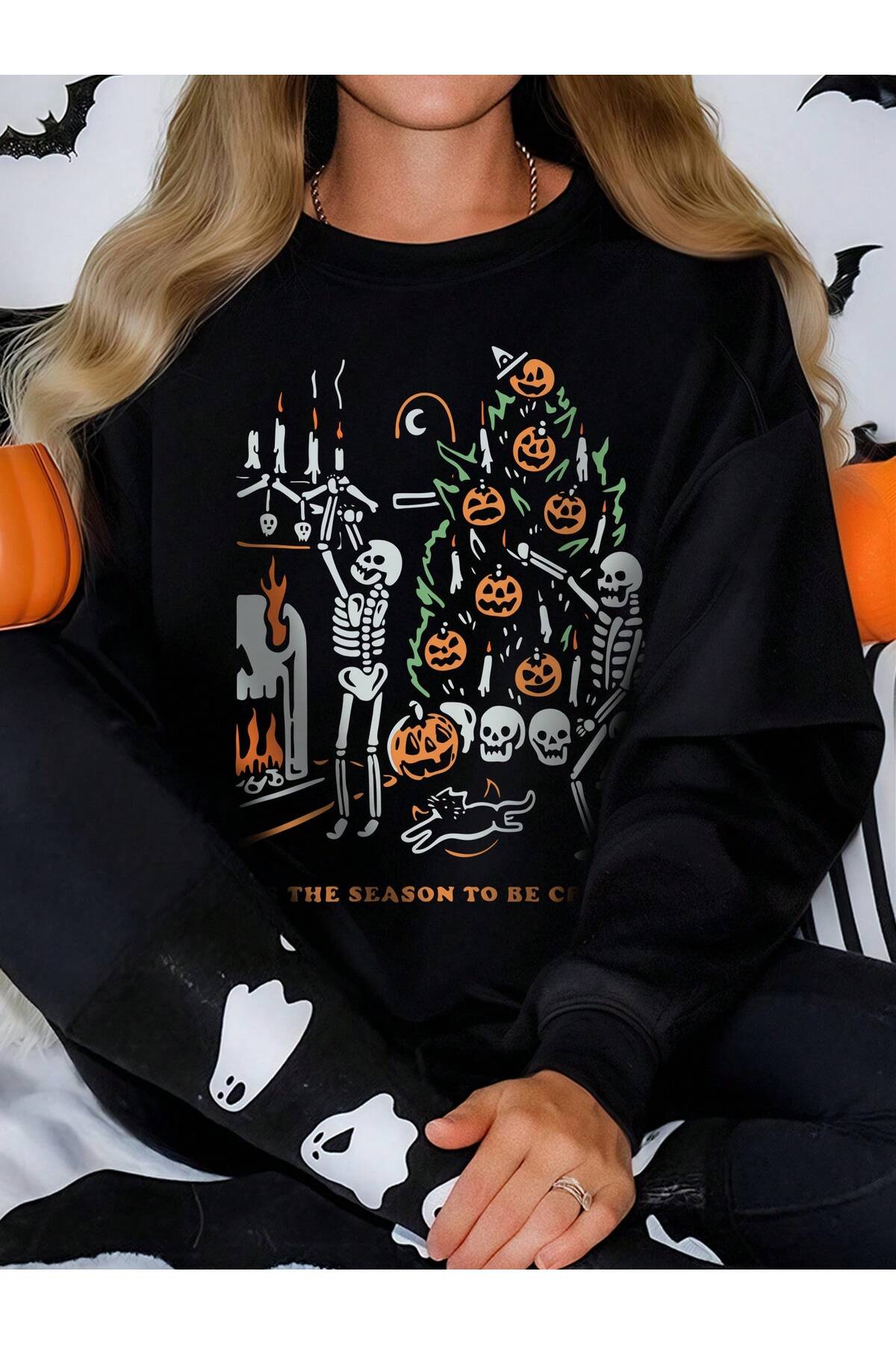 سويت شيرت أوفرسايز بطبعة هياكل عظمية للهالوين للجنسين