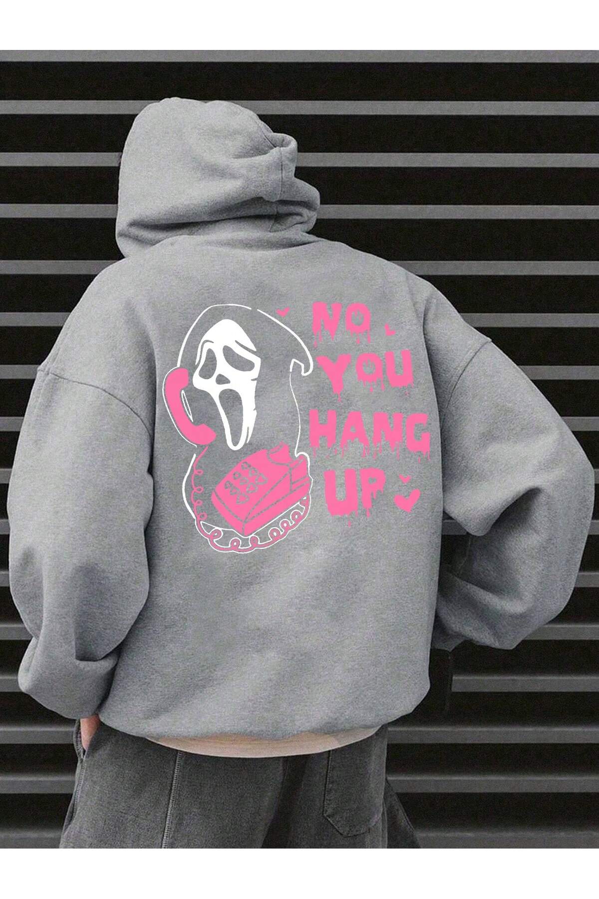هودي سويت شيرت رمادي كبير الحجم مطبوع عليه 'لا، أنت تغلق الخط' للهالوين أمامي وخلفي