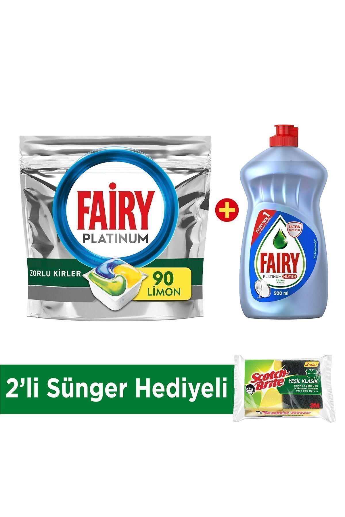 Fairy Platinum 90 Yıkama Tablet/kapsül Limon Kokulu Platinum 500 ml Hijyen Sünger