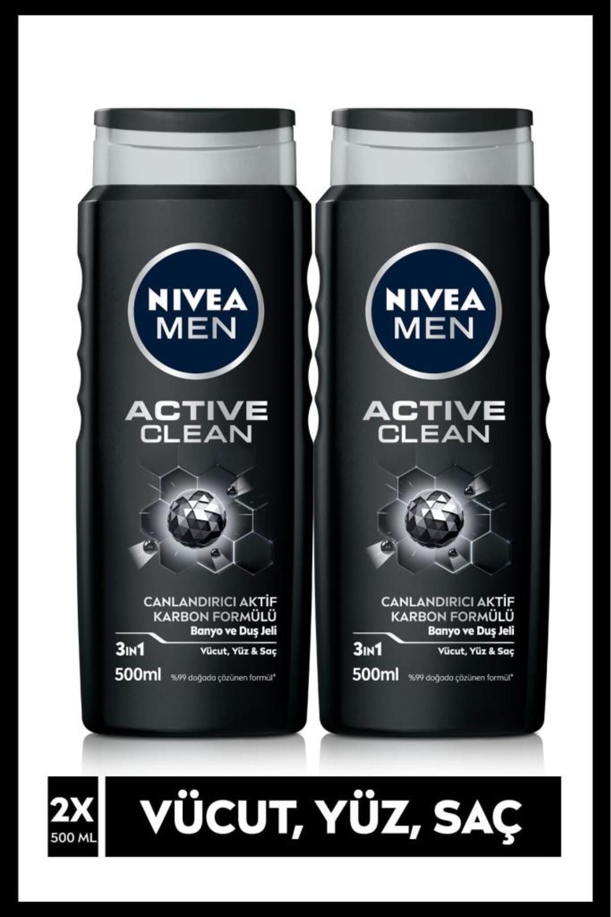 NIVEA MEN Erkek Duş Jeli Active Clean 500ml, 3'ü 1 Arada Komple Bakım, Vücut Saç Yüz, Erkek Bakım, X2 Adet