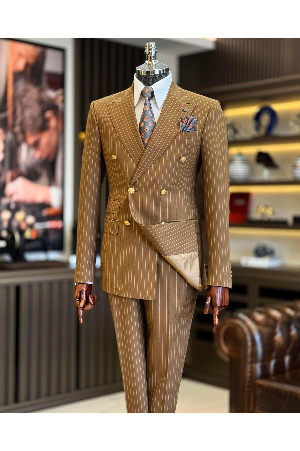 TerziAdemAltun Italian Style Double-Breasted Jacket Pants Suit Brown T7196