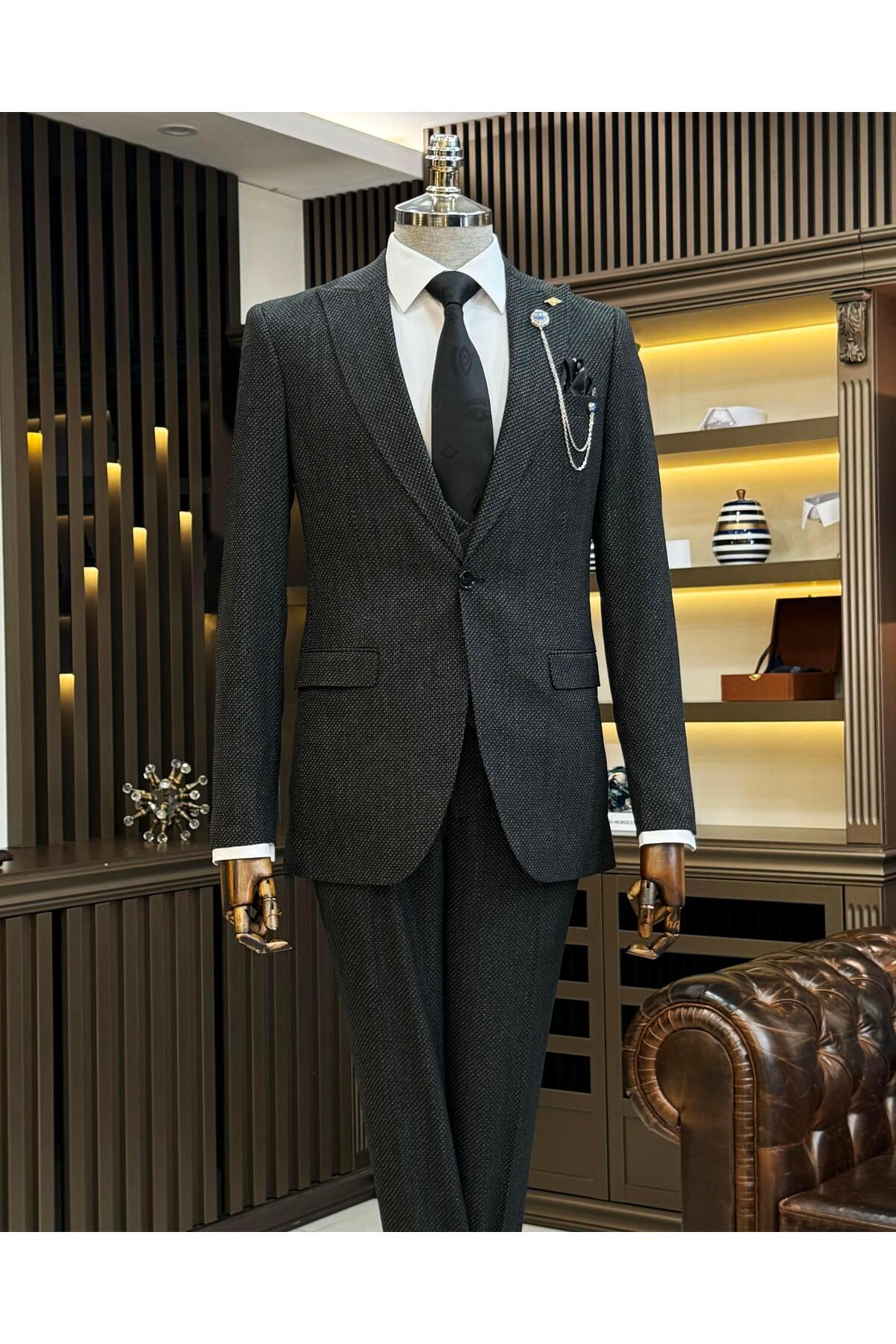 TerziAdemAltun İtalyan stil slim fit erkek ceket yelek pantolon takım elbise siyah T11027