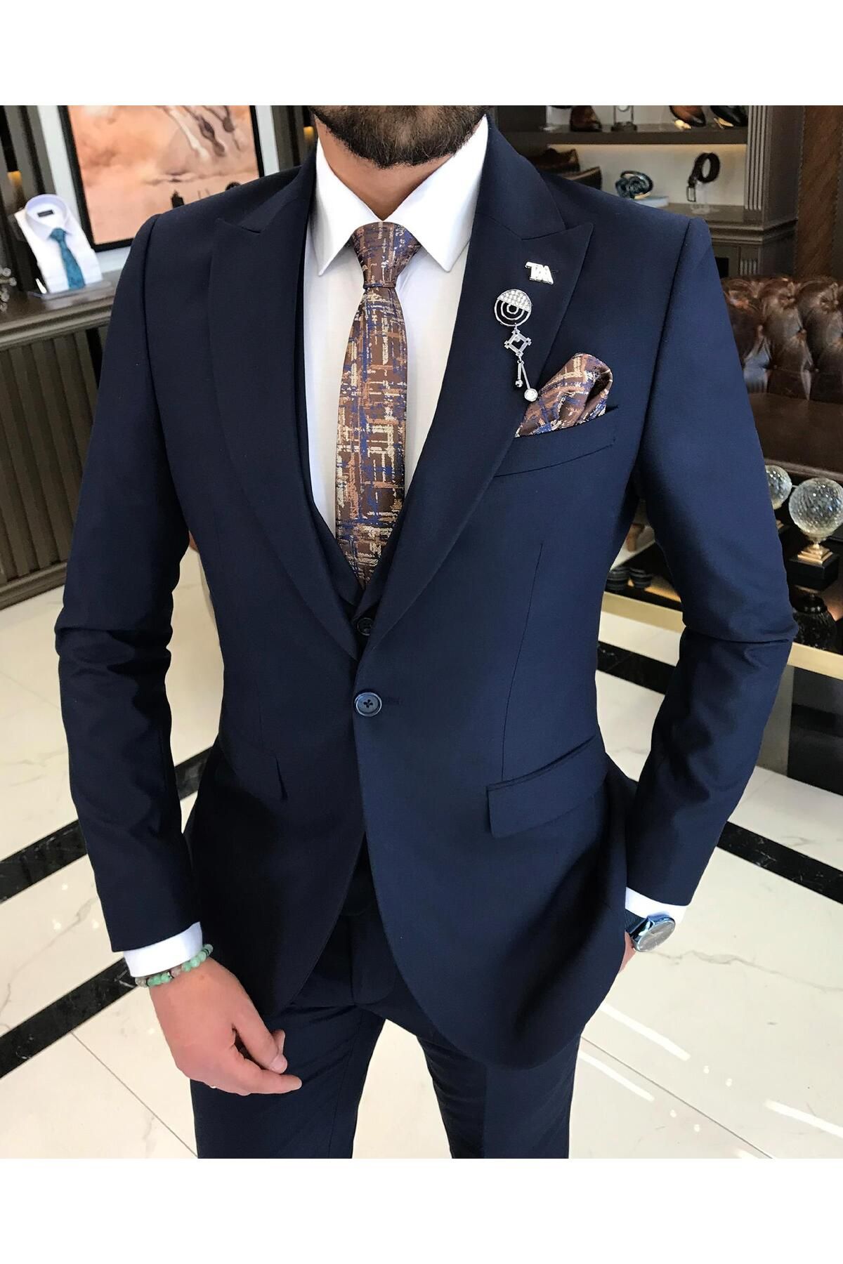 italian style slim fit mens jacket vest trousers suit navy blue t9023