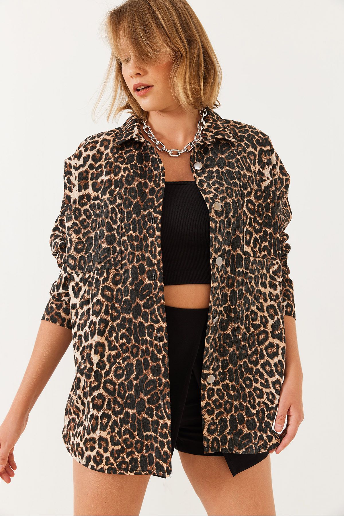 Bianco Lucci-Γυναικείο τζιν μπουφάν Gabardine Leopard 60251838 4