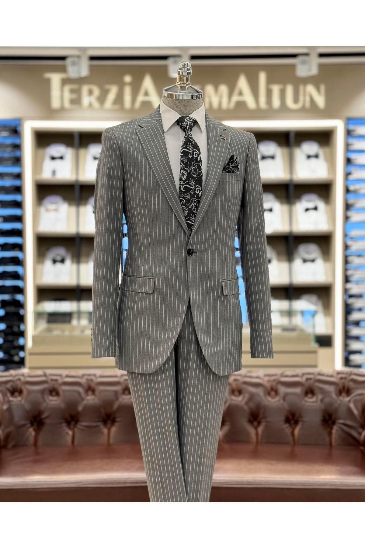 italian style slim fit striped mens jacket trousers suit grey t7192