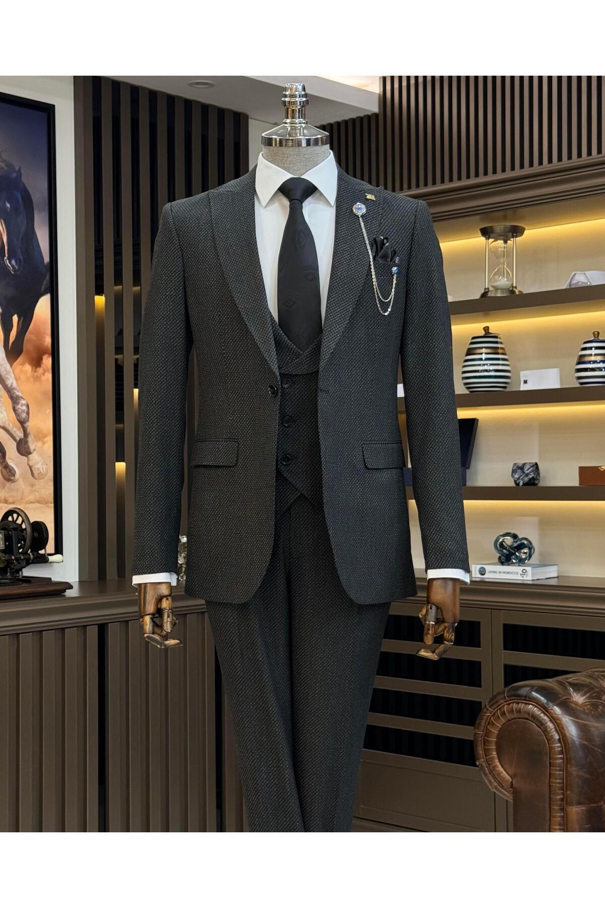 TerziAdemAltun İtalyan stil slim fit erkek ceket yelek pantolon takım elbise siyah T11027 görsel 3