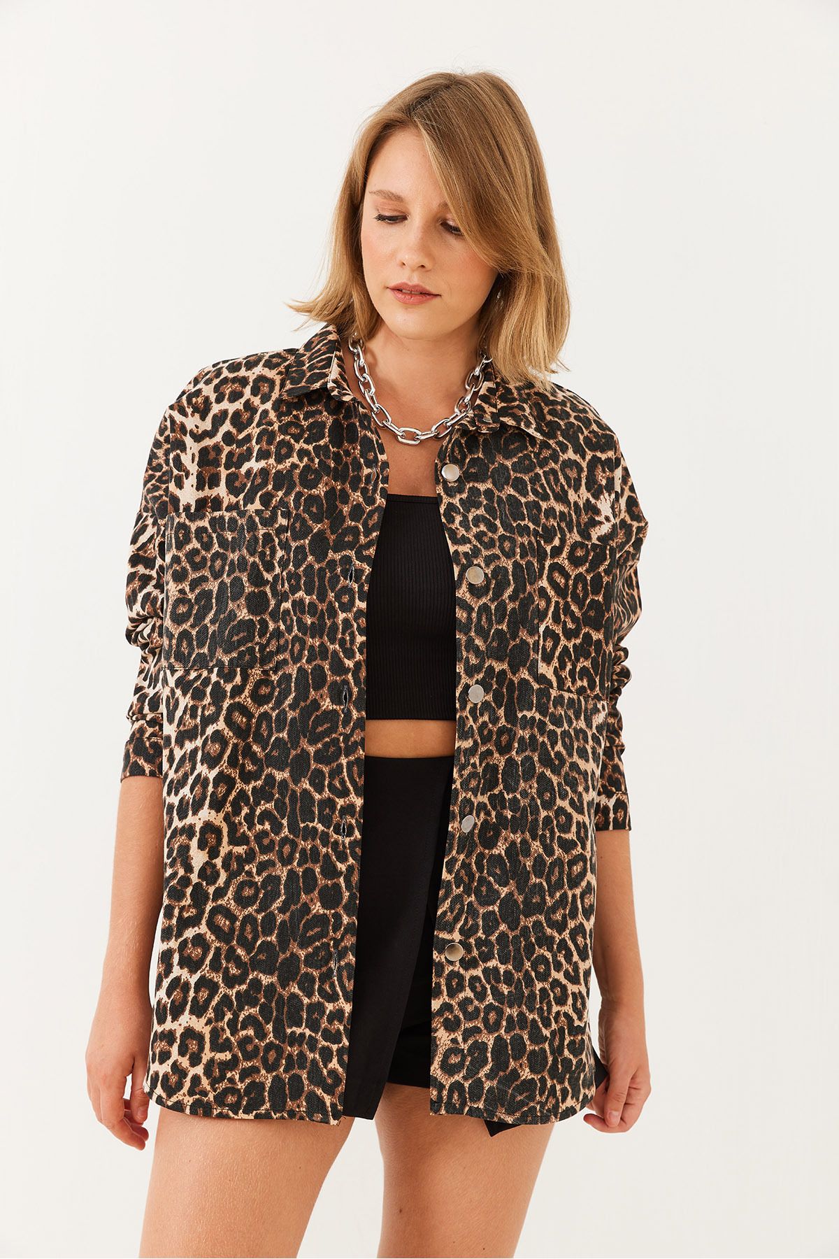 Bianco Lucci-Γυναικείο τζιν μπουφάν Gabardine Leopard 60251838 3