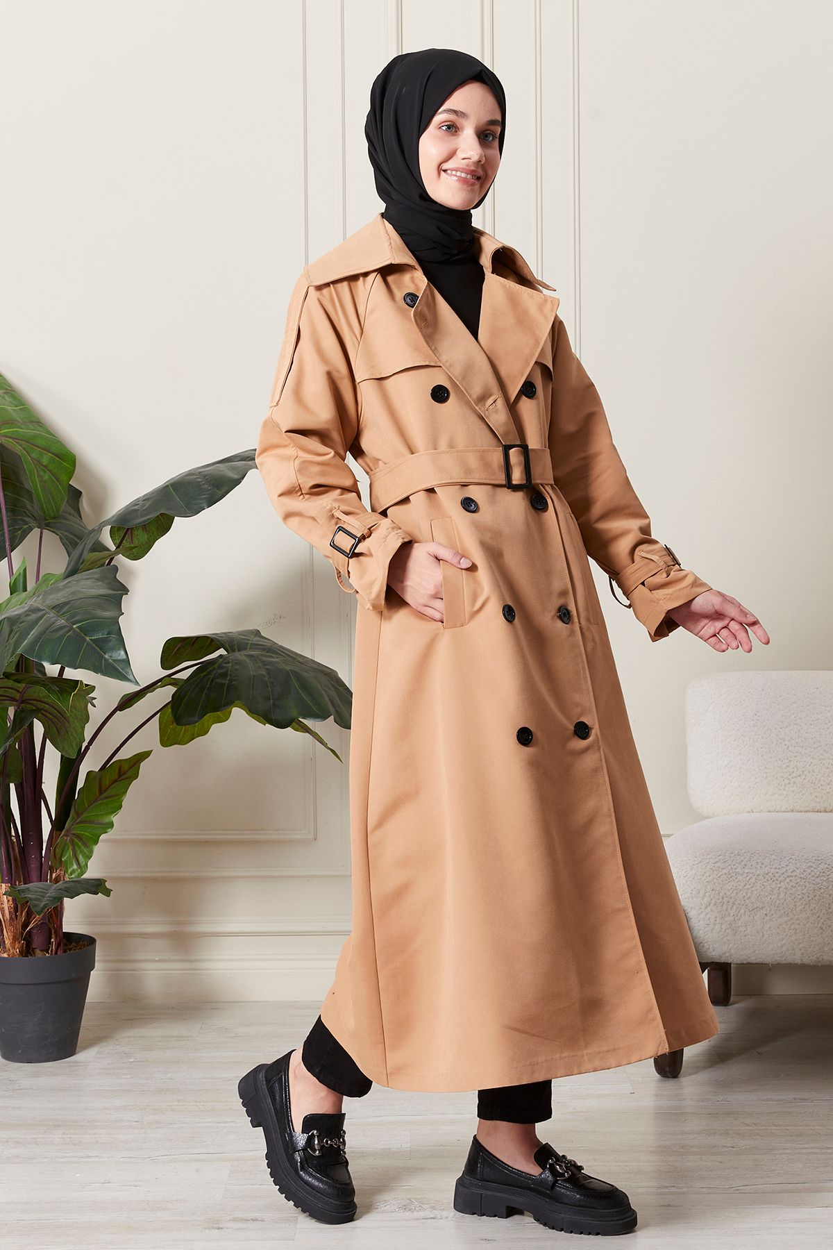 Aranlı tekstil-Apolet Detailed Waterproof Fabric Belted Intermediate Women's Trench Coat 2