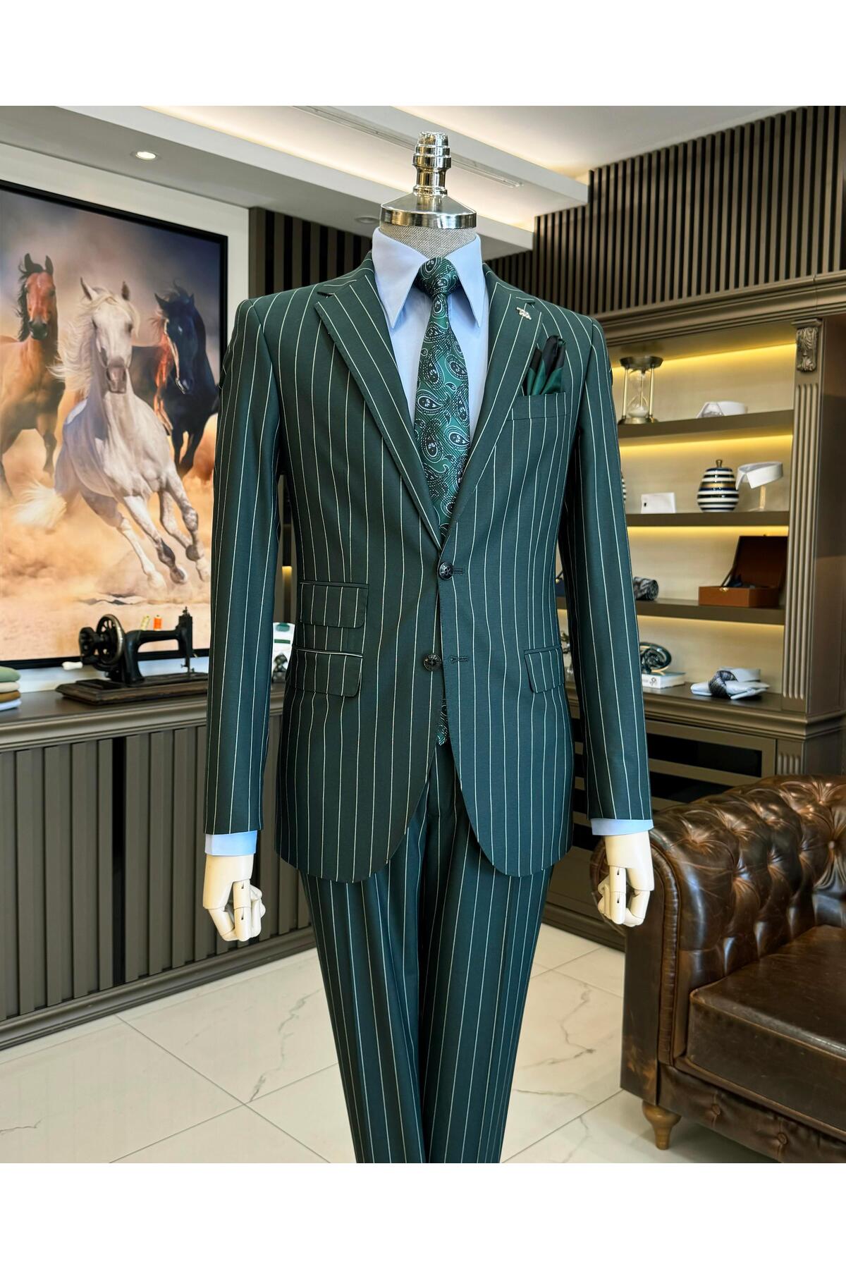 TerziAdemAltun İtalyan stil slim fit çizgili ceket pantolon takım elbise yeşil T11930