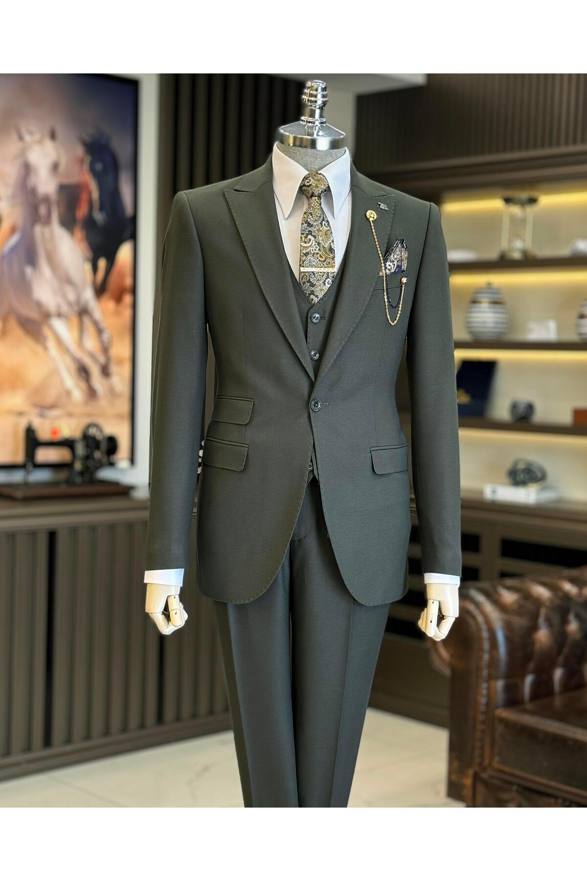 TerziAdemAltun İtalyan stil slim fit armür desenli ceket yelek pantolon takım elbise yeşil T11488
