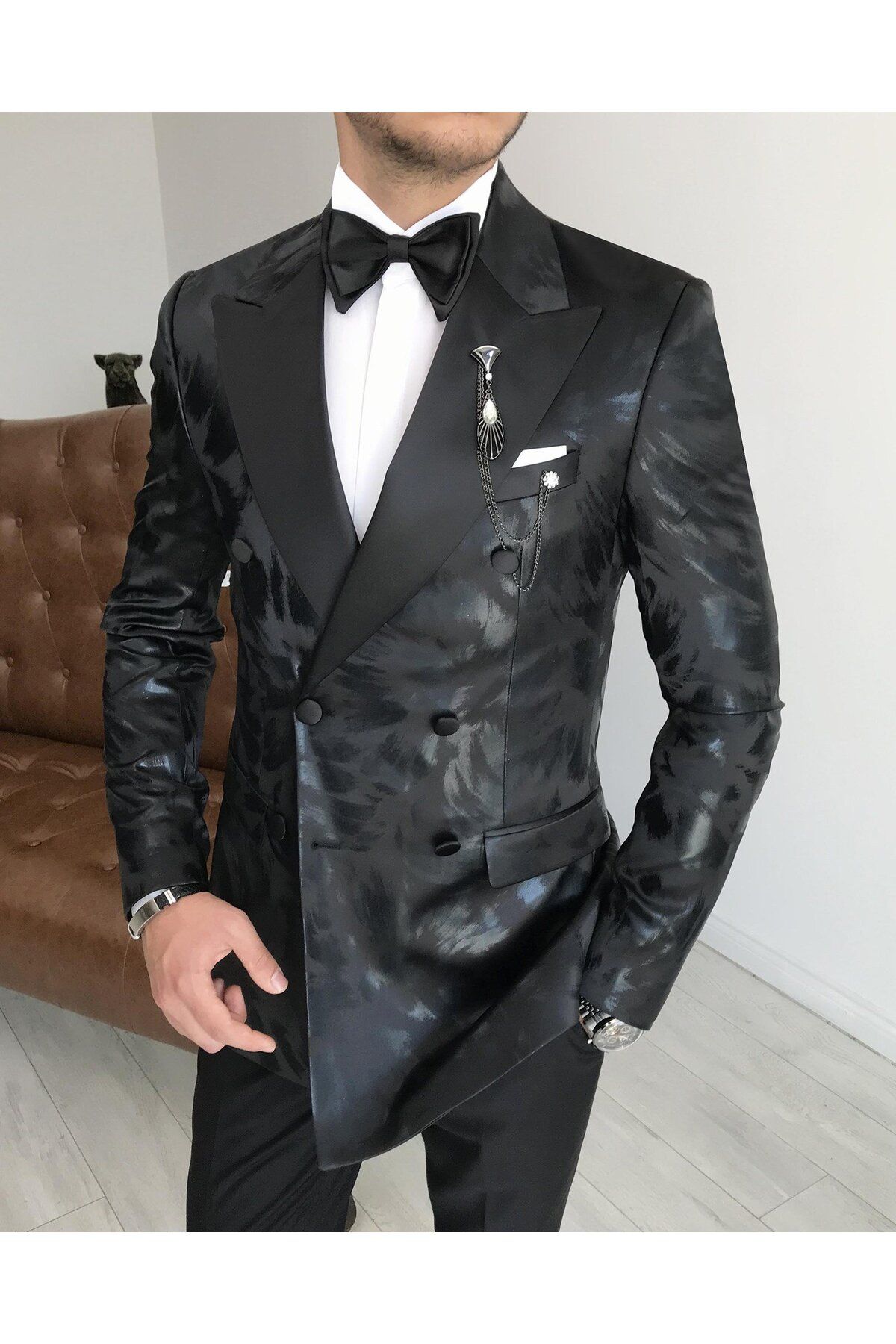 TerziAdemAltun-Italian Cut Men's Jacket Pants Groom Suit Set Black T7475 3