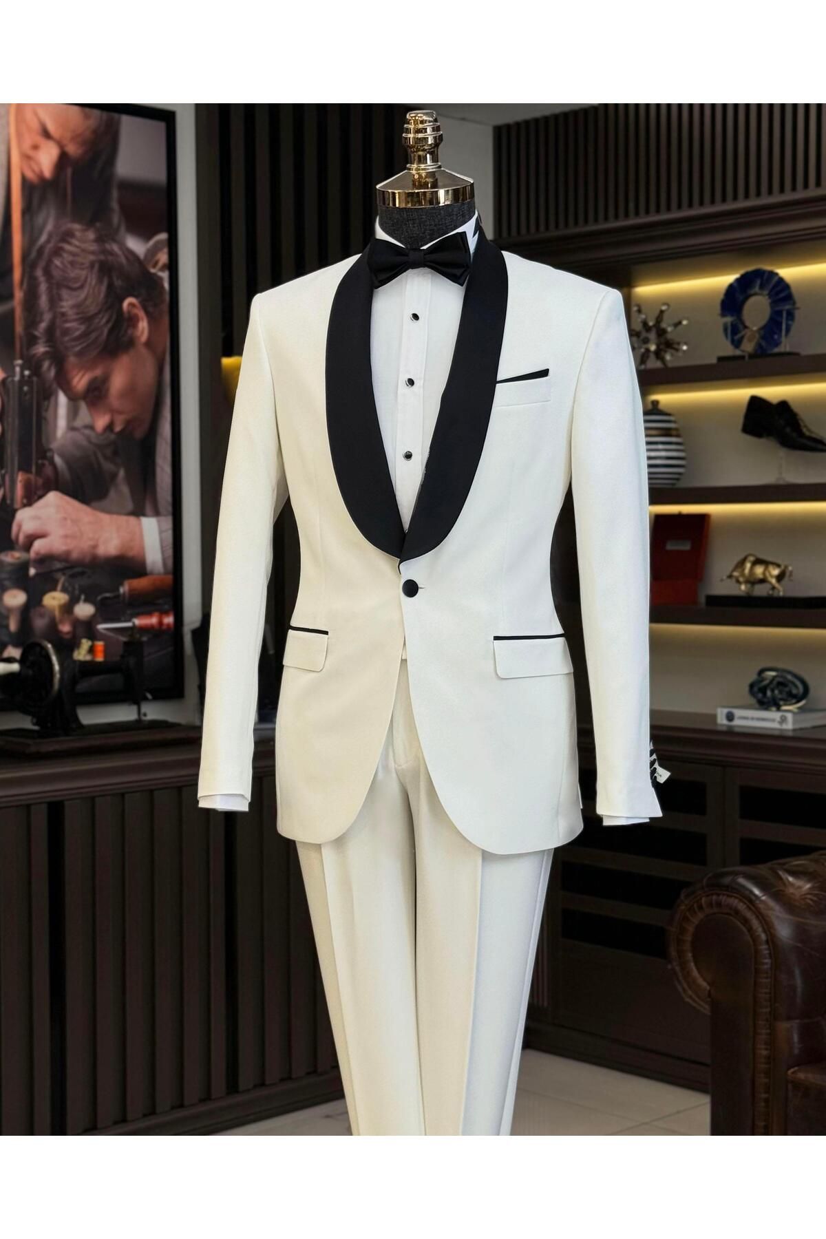 TerziAdemAltun İtalyan kesim slim fit şal yaka ceket pantolon damatlık set ekru T12222