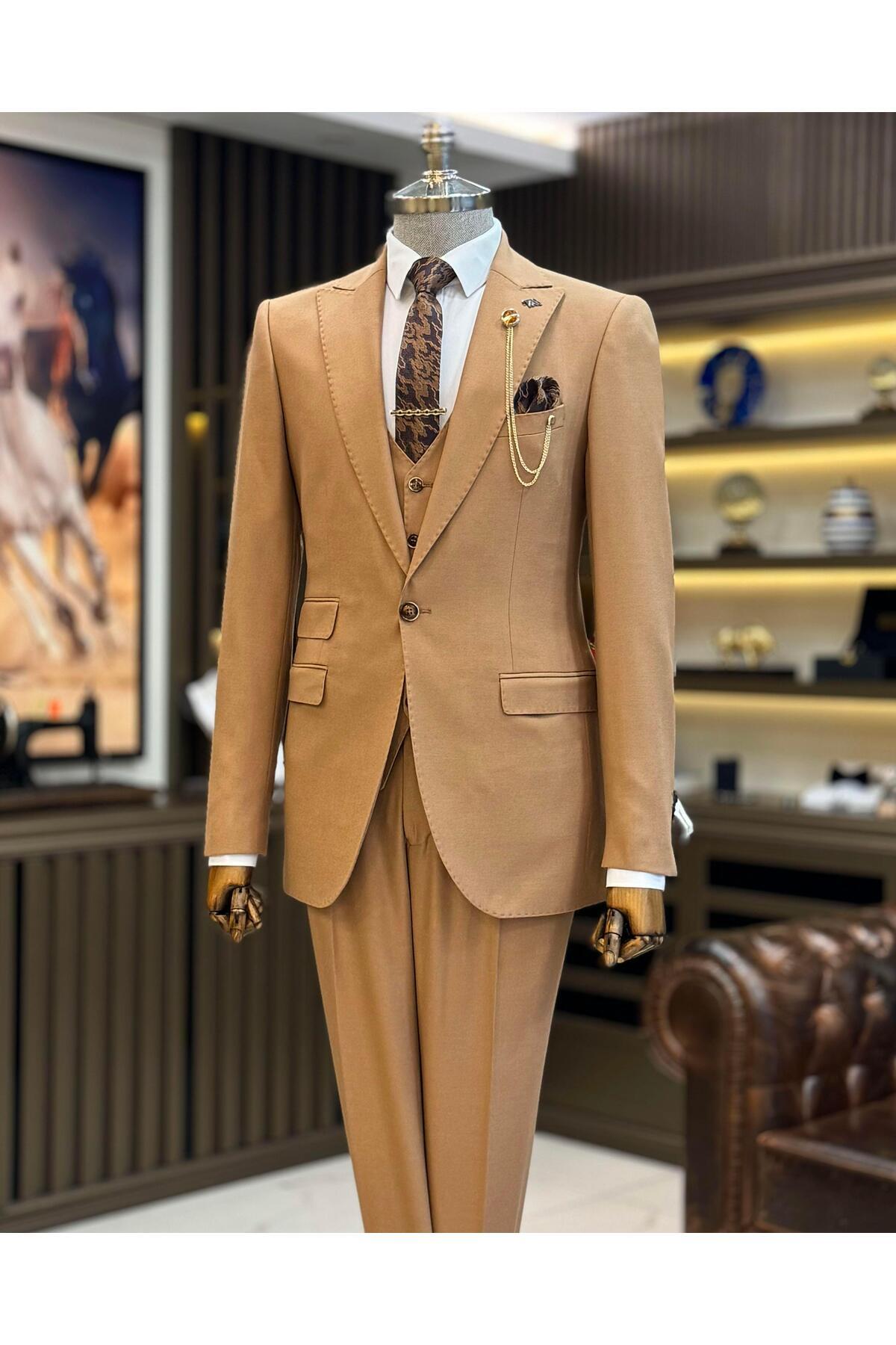 İtalyan stil slim fit ceket yelek pantolon takım elbise camel T11485 — بژ