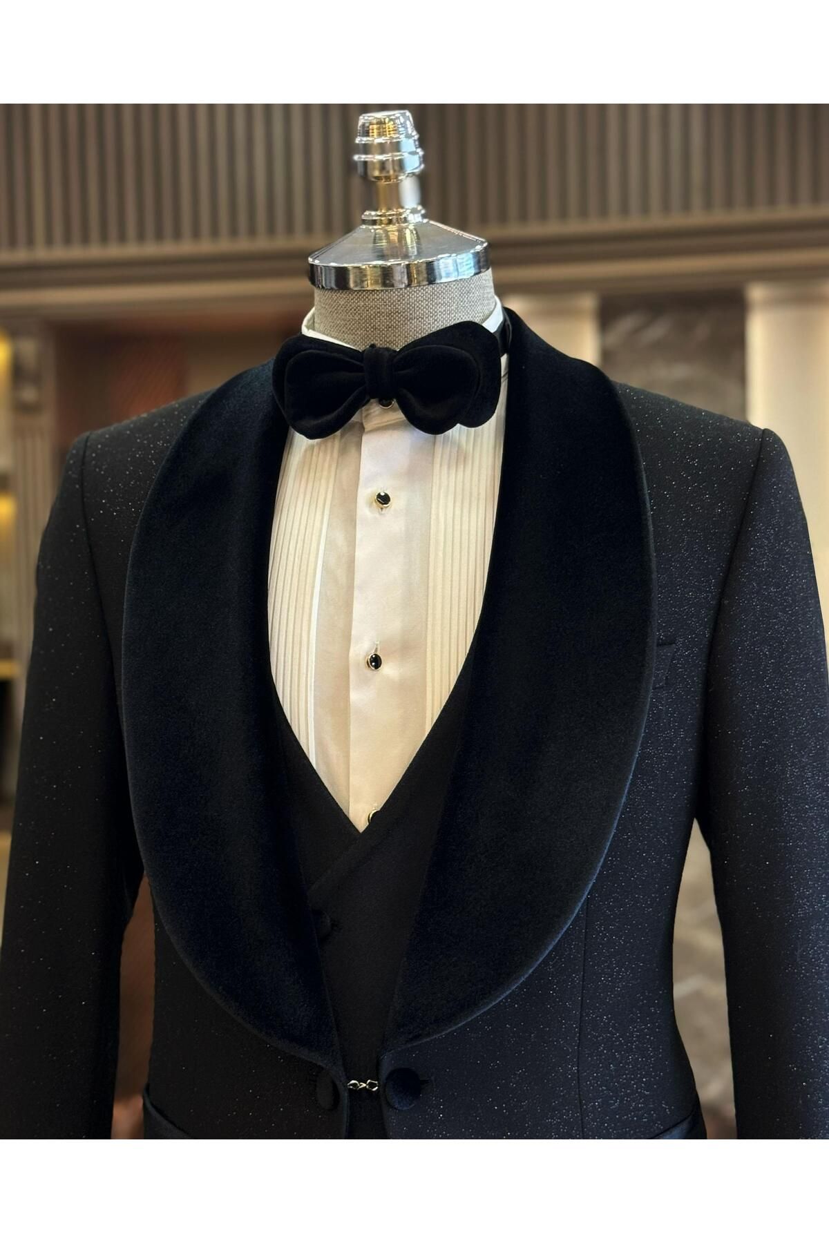 TerziAdemAltun-Black Slim Fit Shawl Collar Jacket and Vest Pants Set - T12573 4