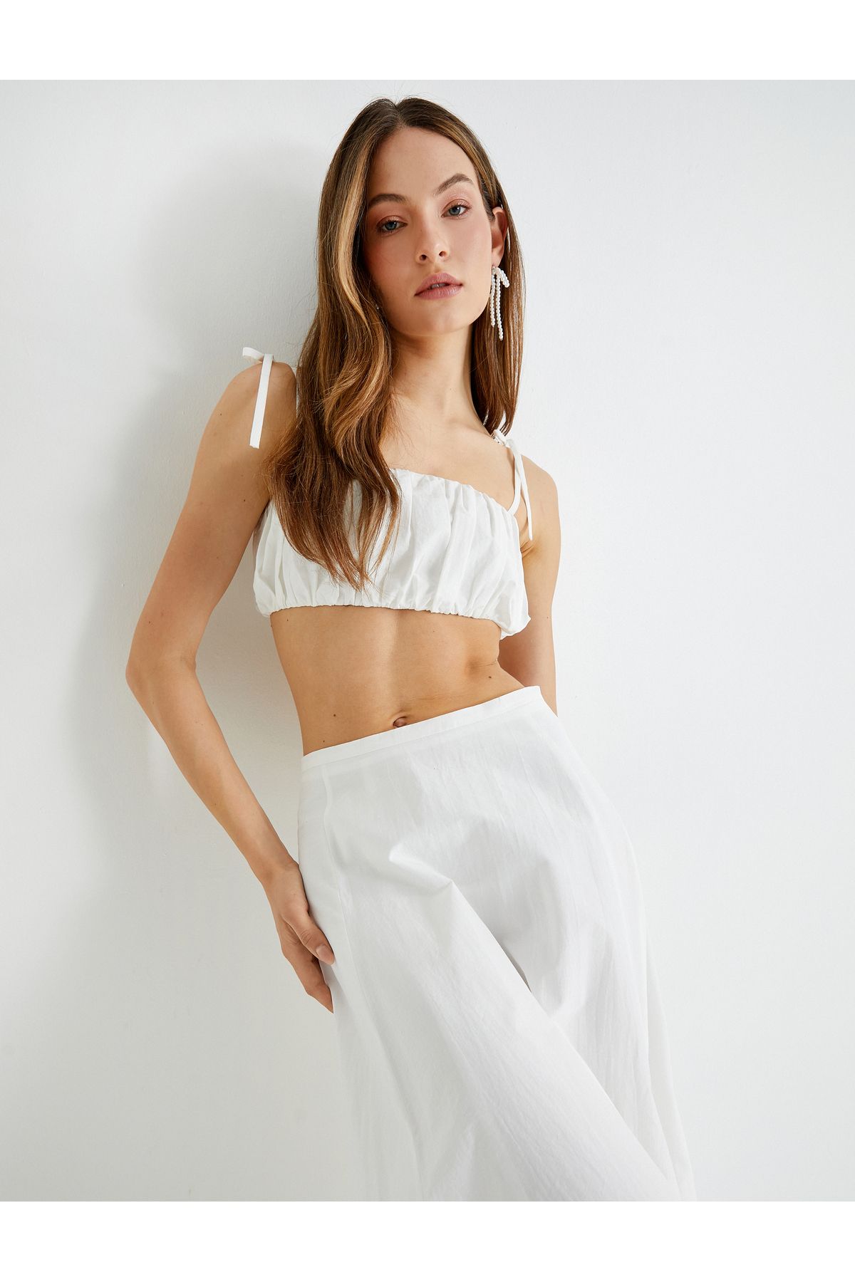 Koton-X Tuba Unsanitary - Bustieră crop cu bretele subțiri, cu cravată cu fundă, drapat, slim fit, bumbac 1