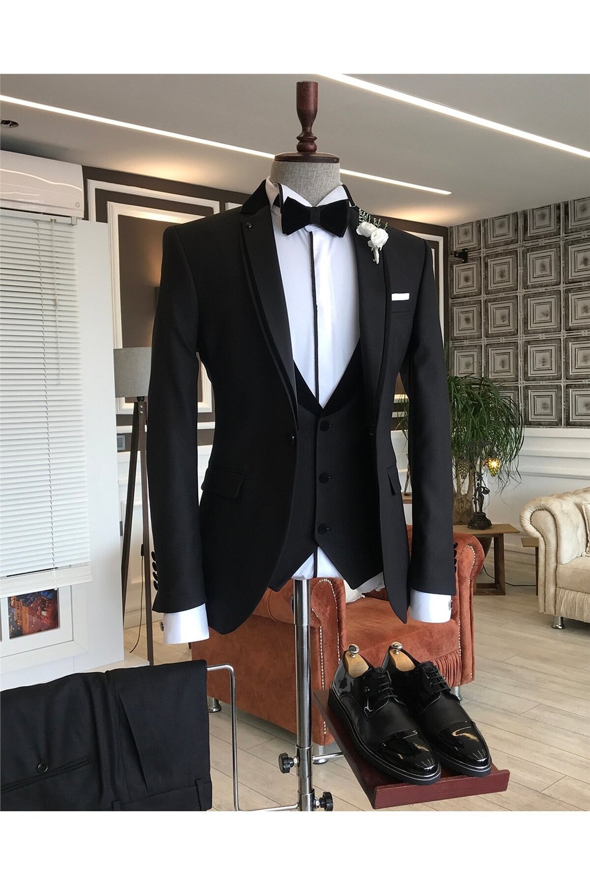 TerziAdemAltun-Classic Cut Jacket Vest Pants Battal Groom Suit Set Black T7573 4