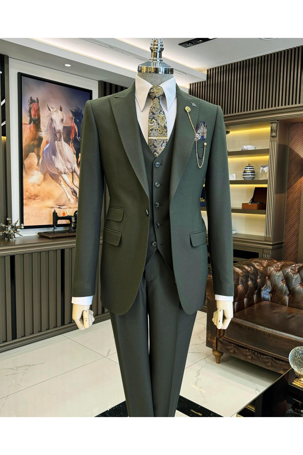 TerziAdemAltun İtalyan stil slim fit armür desenli ceket yelek pantolon takım elbise yeşil T11488 görsel 6