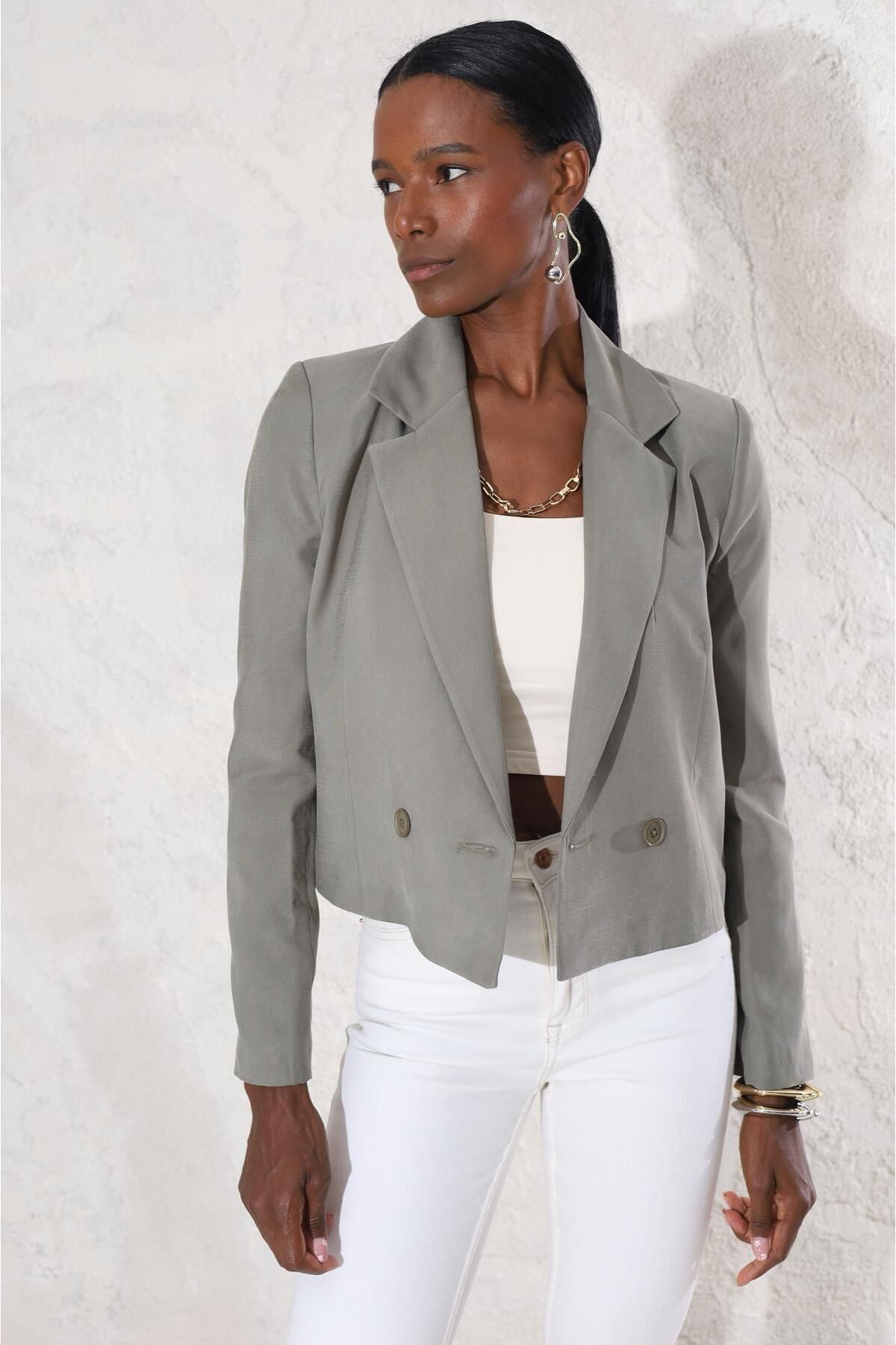 5in1Canpolat-9002 Model Khaki Double Breasted Jacket - Double Button 3