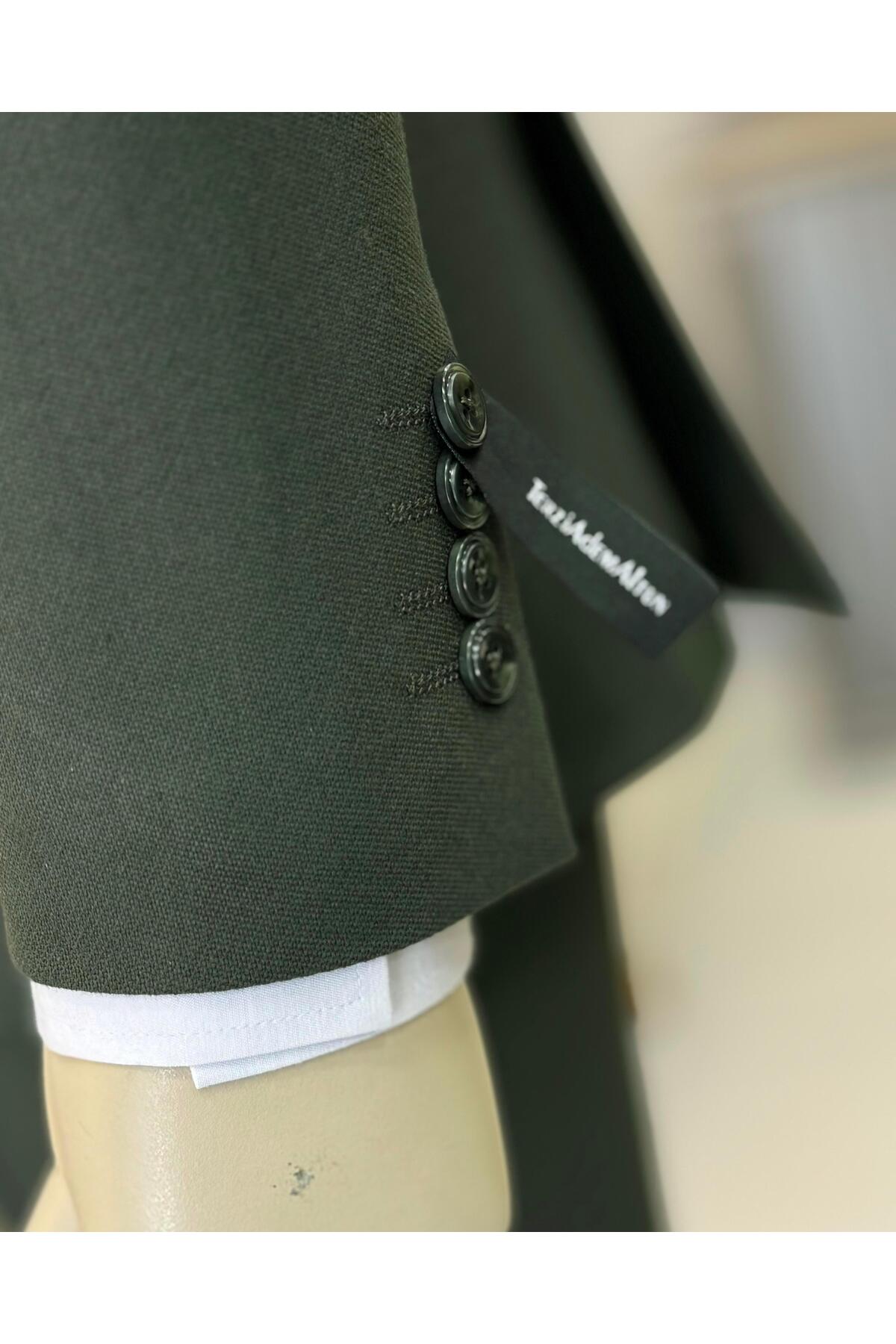 TerziAdemAltun İtalyan stil slim fit armür desenli ceket yelek pantolon takım elbise yeşil T11488 görsel 4