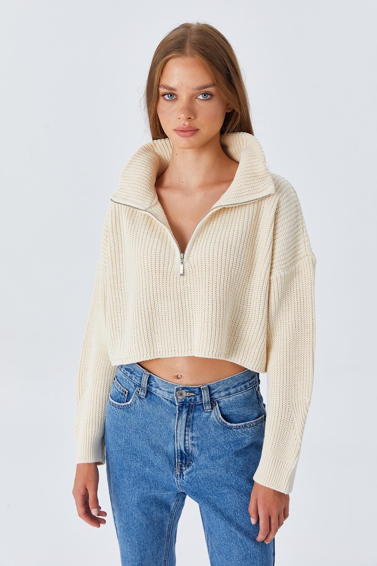 Mixray-6752 Model - Natural Color Women's Crop Zippered Sweater 6