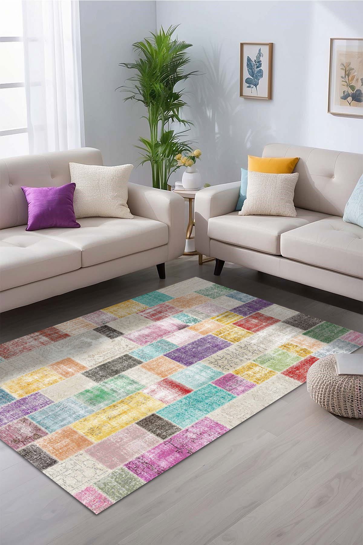 Lattedizayn Mitsu Eskitme Yıkanabilir Kaymaz Pamuk Taban Kadife Salon Mutfak Halısı Yolluk Kilim