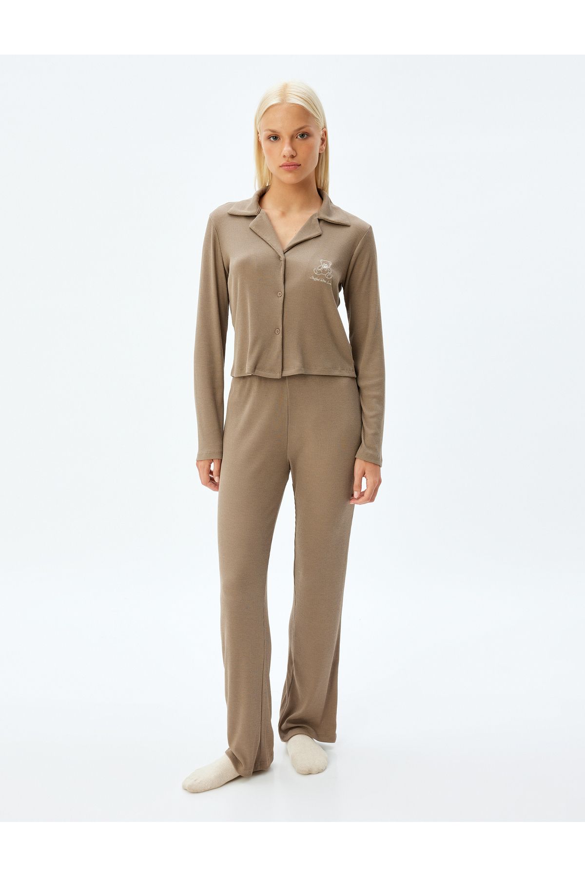 Koton-Cord-Pyjama-Set mit Hemdkragen – lange Ärmel, gerades Bein, 2er-Set 3