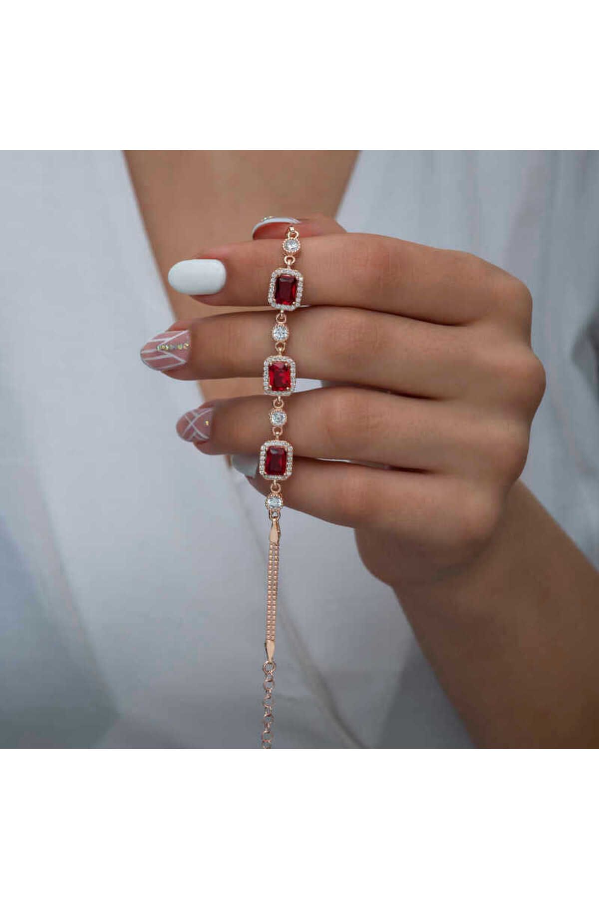 BAZAARİO 925 Ayar Gümüş Rose Baget Kırmızı Taşlı Kadın Bileklik