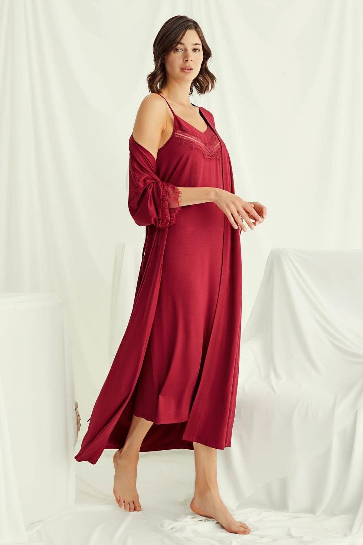 MONAMİSE Monamise 18520 Kadın İp Askılı Gecelik Sabahlık Takım-Kırmızı