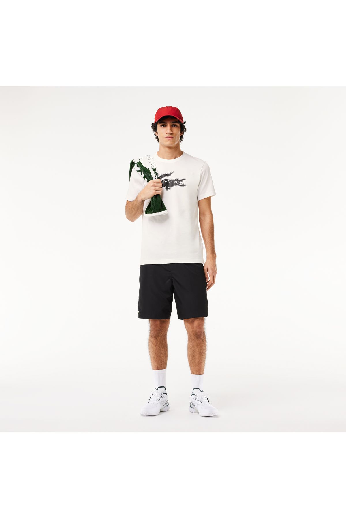 تی شرت سفید مردانه یقه دوچرخه مناسب طرح دار Lacoste