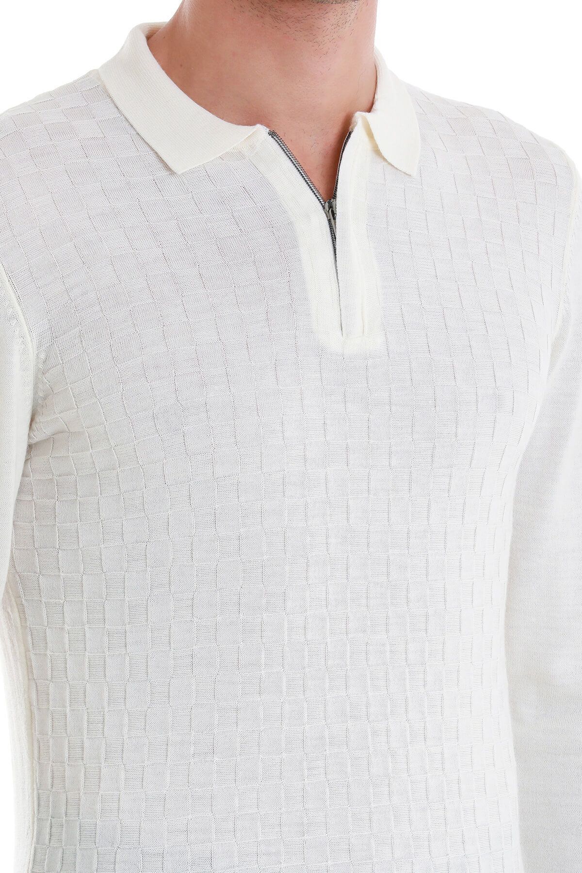 Hatemoğlu-Ecru Regular Fit Jacquard Polo golier z vlneného úpletu 6