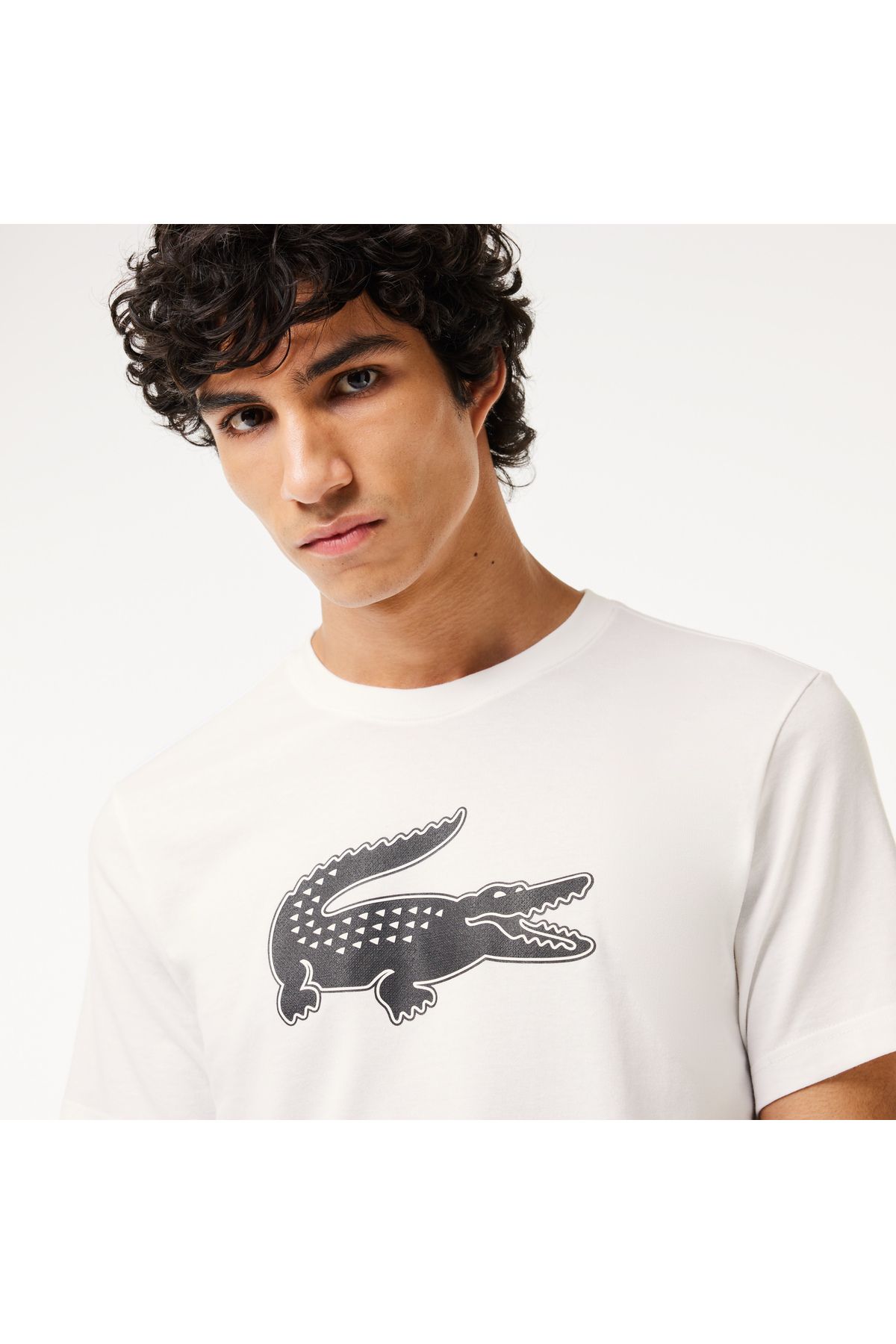 تی شرت سفید مردانه یقه دوچرخه مناسب طرح دار Lacoste