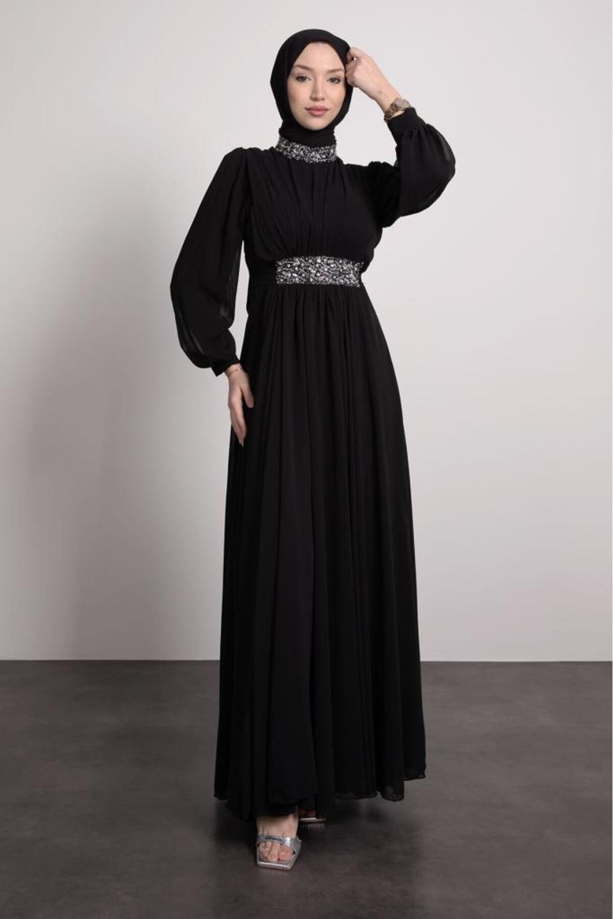 Lamia Giyim-Waist and Neck Stone Embroidered Hijab Evening Dress Black 1