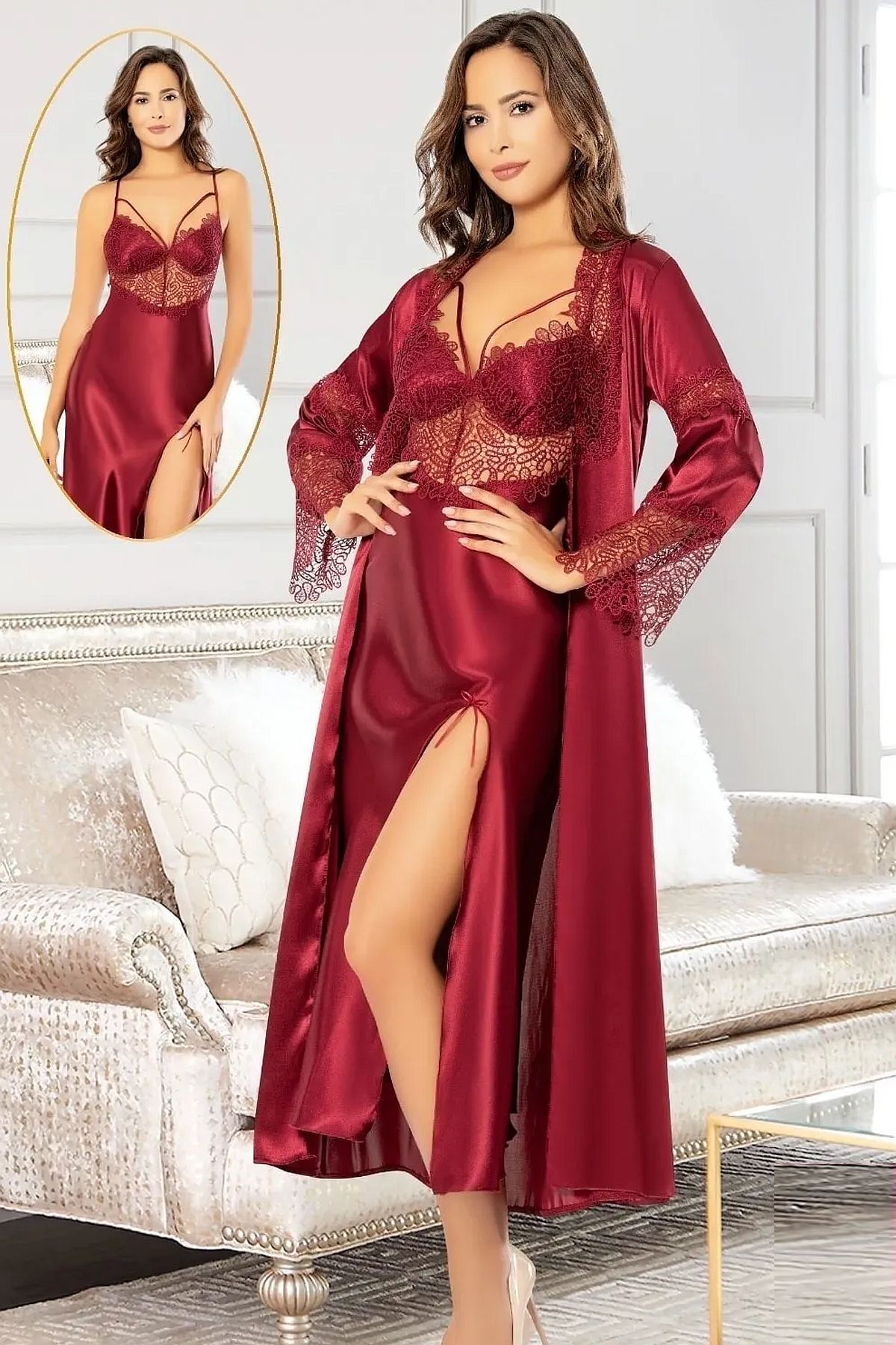 Xses 2104 Kadın Saten Sabahlıklı Gecelik Takım-Bordo