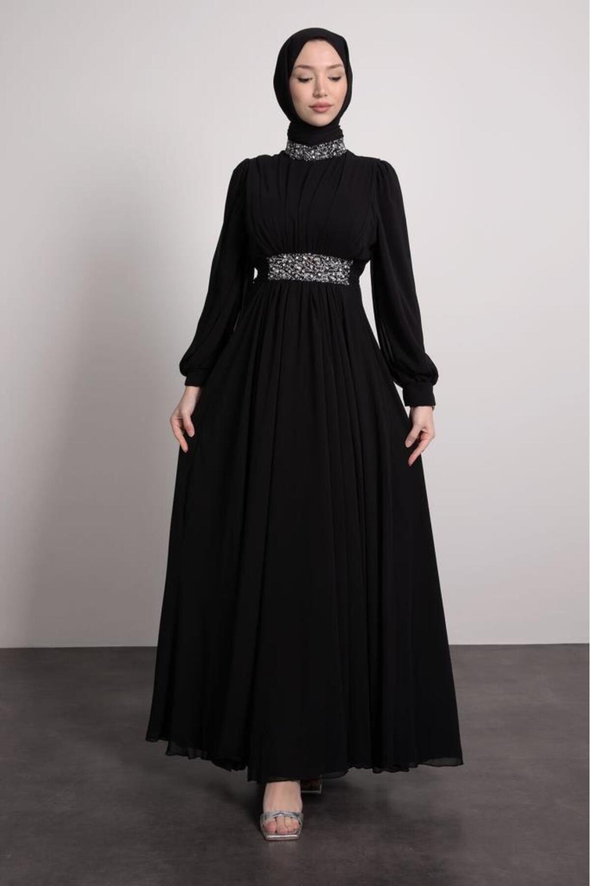 Lamia Giyim-Waist and Neck Stone Embroidered Hijab Evening Dress Black 2