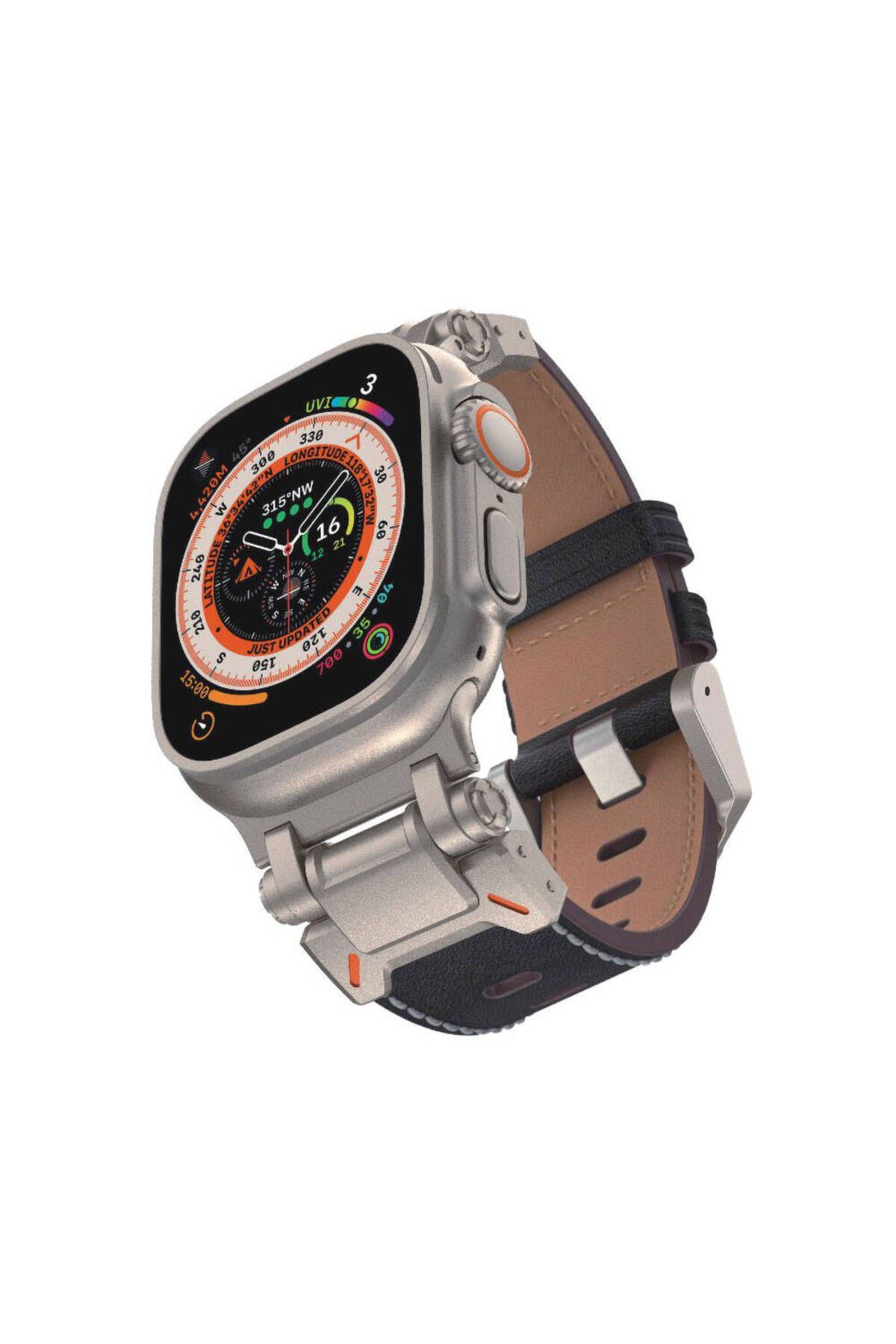 Five-online Apple Watch Ultra 2 49mm Metal Tokalı Yumuşak Dokulu Suni Deri Kordon