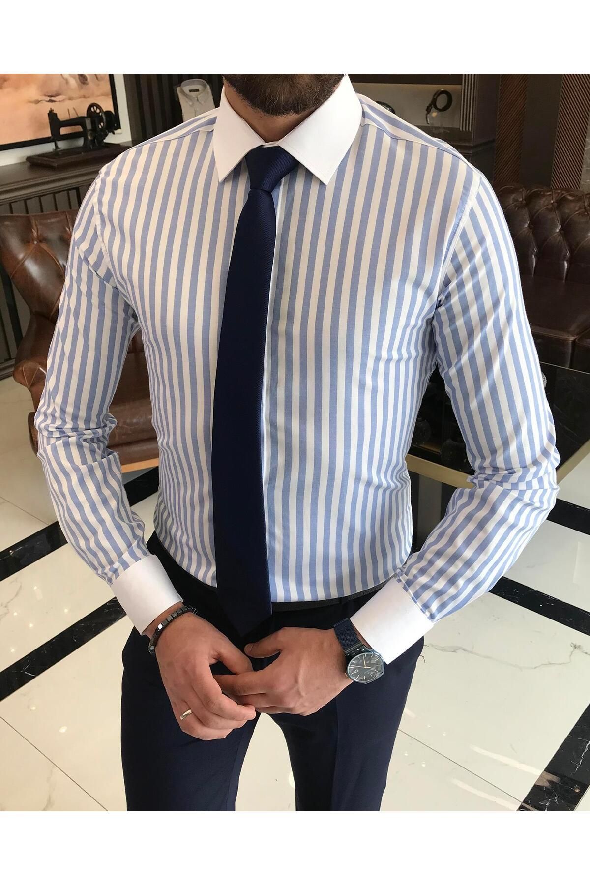 TerziAdemAltun-Italian Style Slim Fit Striped Men's Tie Collar Shirt Blue T9229 2