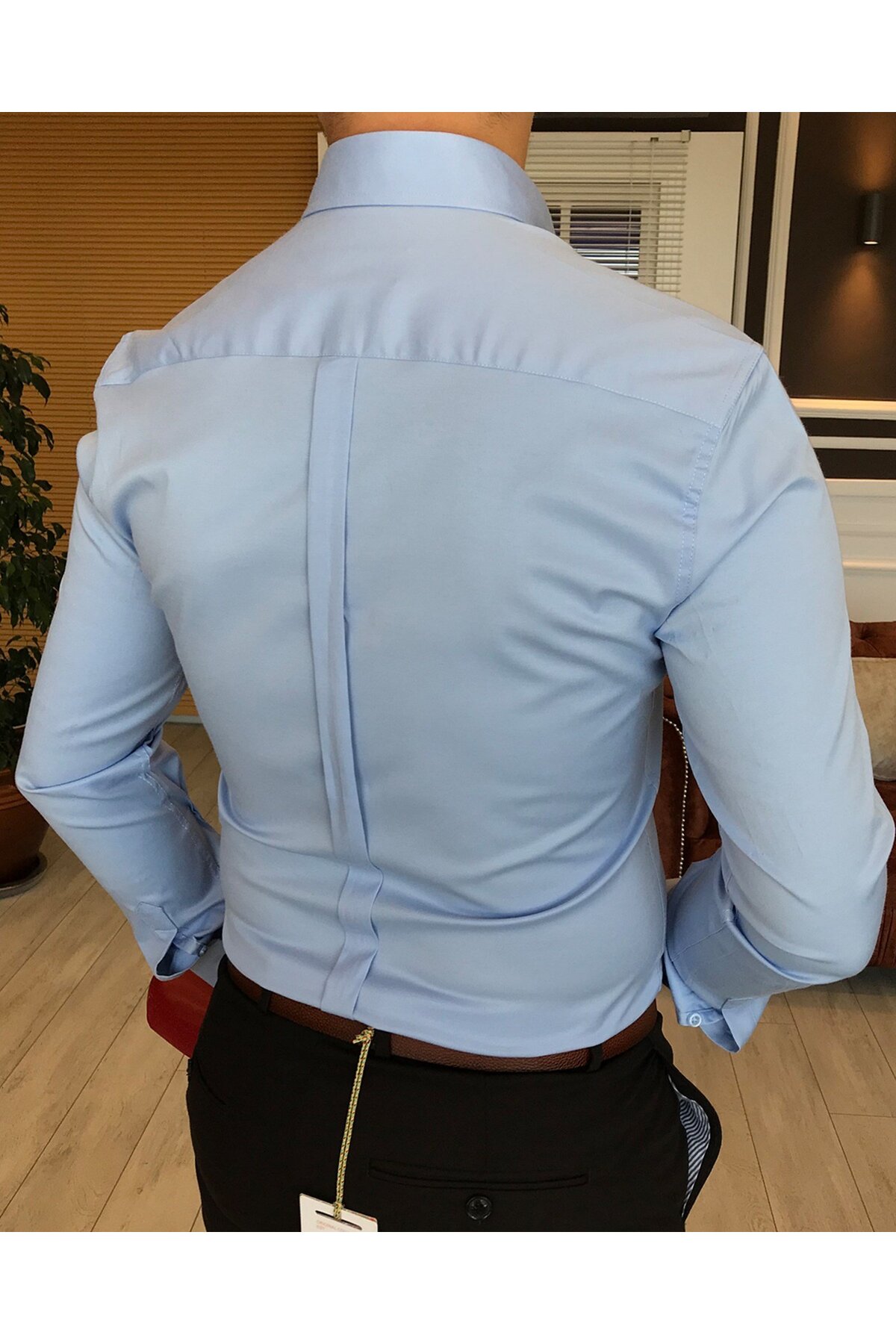 TerziAdemAltun  italyan stil slim fit dik yaka saten erkek gömlek Mavi T4750 - Görsel 4