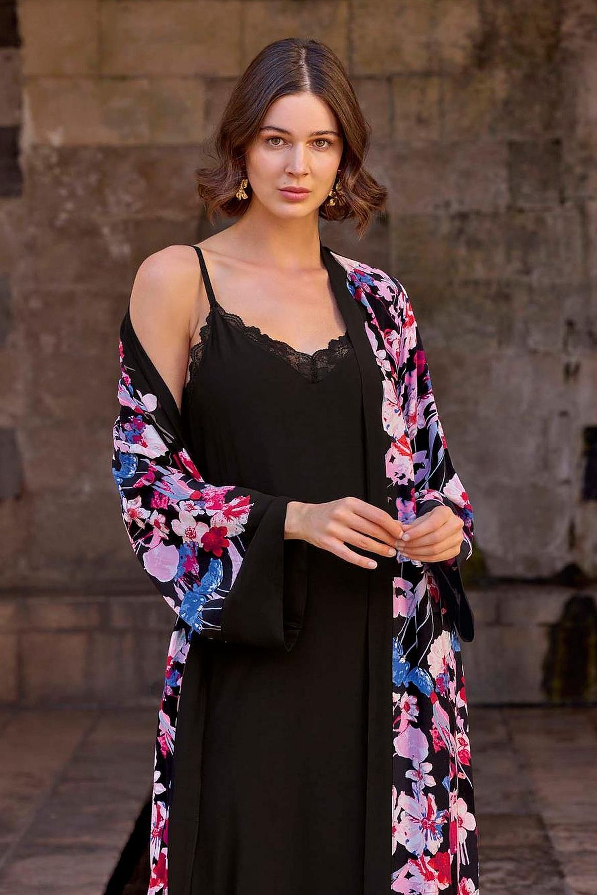 MONAMİSE Monamise 23028 Kadın İp Askılı Gecelik Sabahlık Takım-Siyah