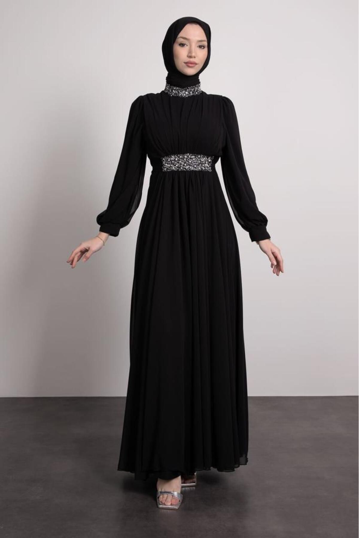 Lamia Giyim-Waist and Neck Stone Embroidered Hijab Evening Dress Black 8