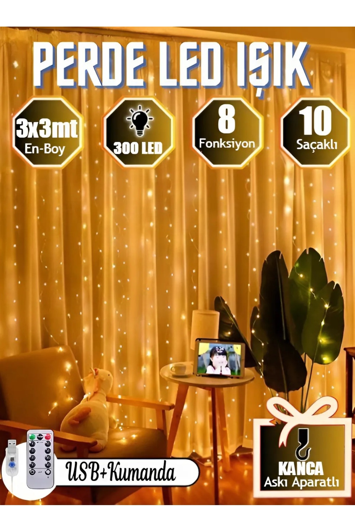 nextbuy Perde Led 3x3 Kumandalı 8 Fonksiyonlu 300 Led 10 Sarkıtlı Usb ...