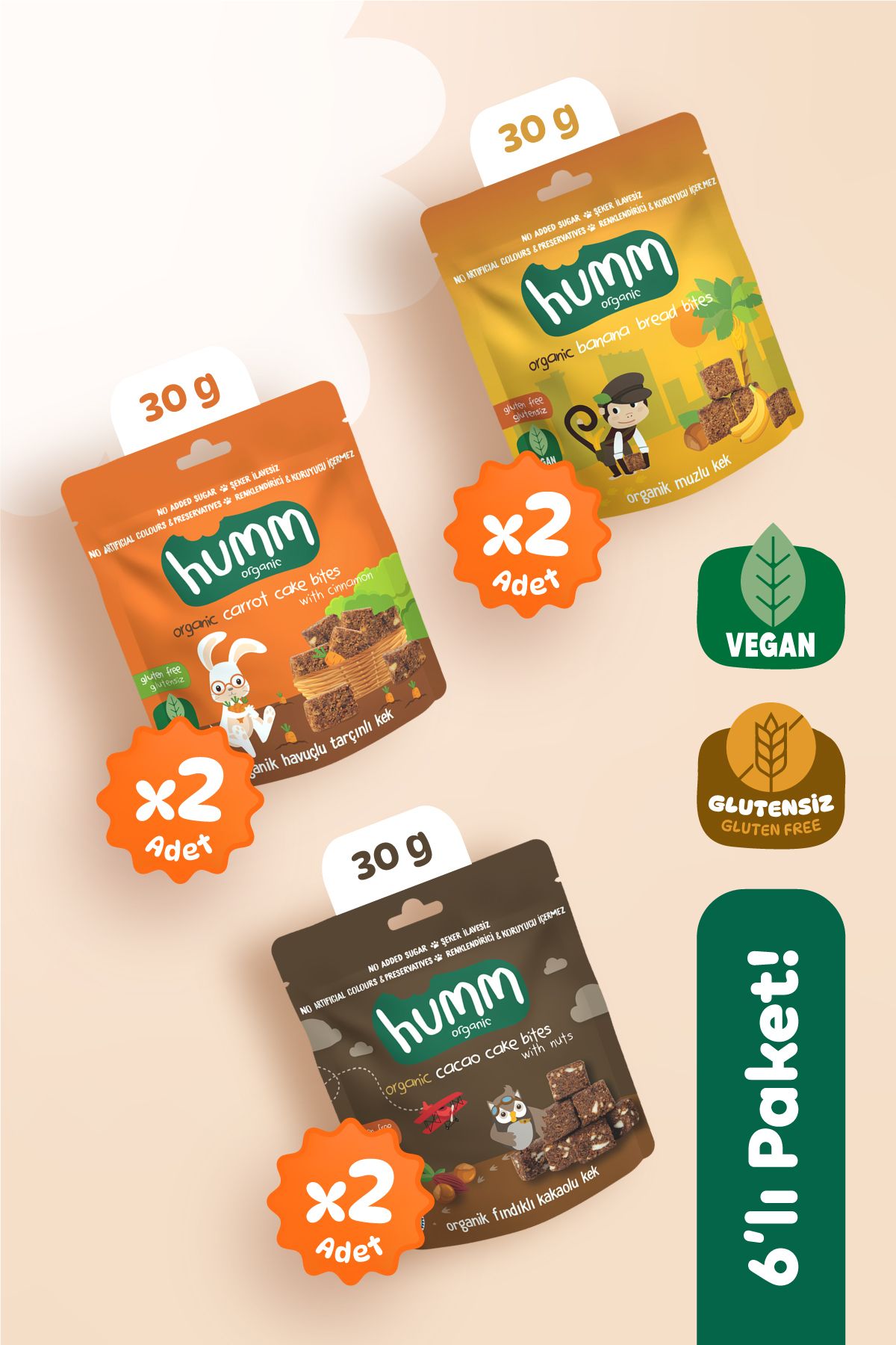 Organik Glutensiz Vegan Kek Atıştırmalık Paketi - 6 adet (3 çeşit)