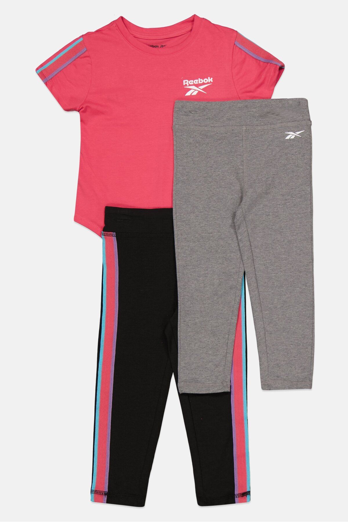 Reebok-Kids Girl 3 Pieces Brand Logo Top And Leggings, Pink/Black/Grey 3