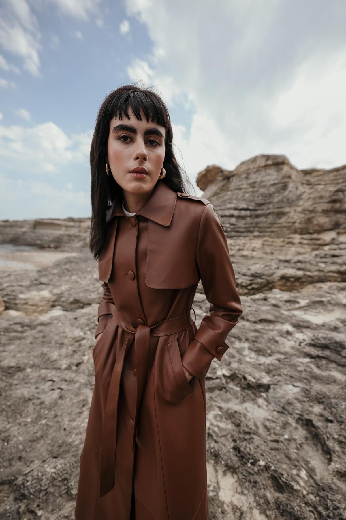 Olcay-Long Leather Trench Coat - Shirt Collar, Epaulette and Cloak Detail TABA 6607 5