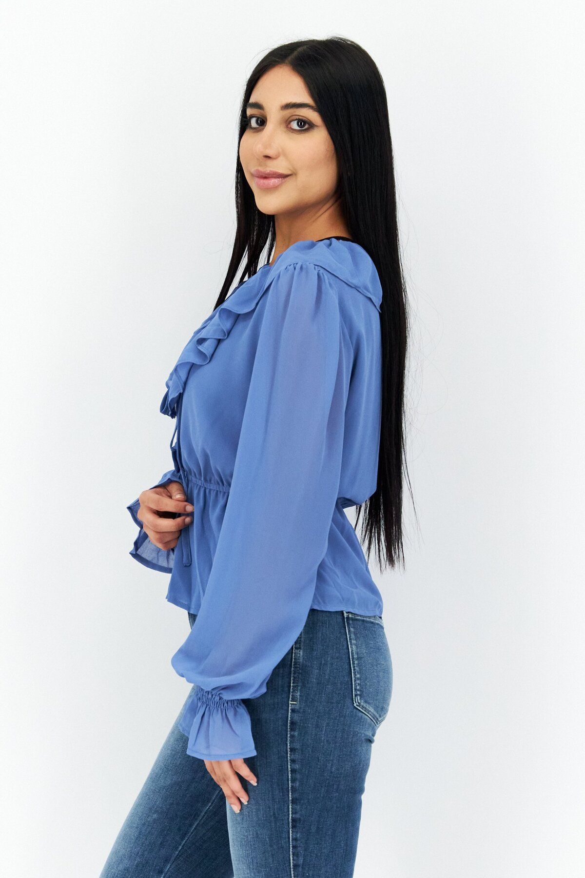 NA-KD-Women Ruffle Neck Long Sleeves Top,  Blue 2